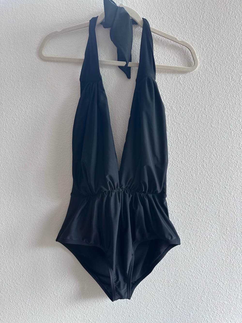 Unique Vintage Black Halter One-Piece Swimsuit with Gathered Waist